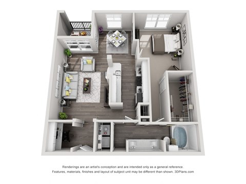 Floor plan for 1 bed, 1 bath, 961 sqft